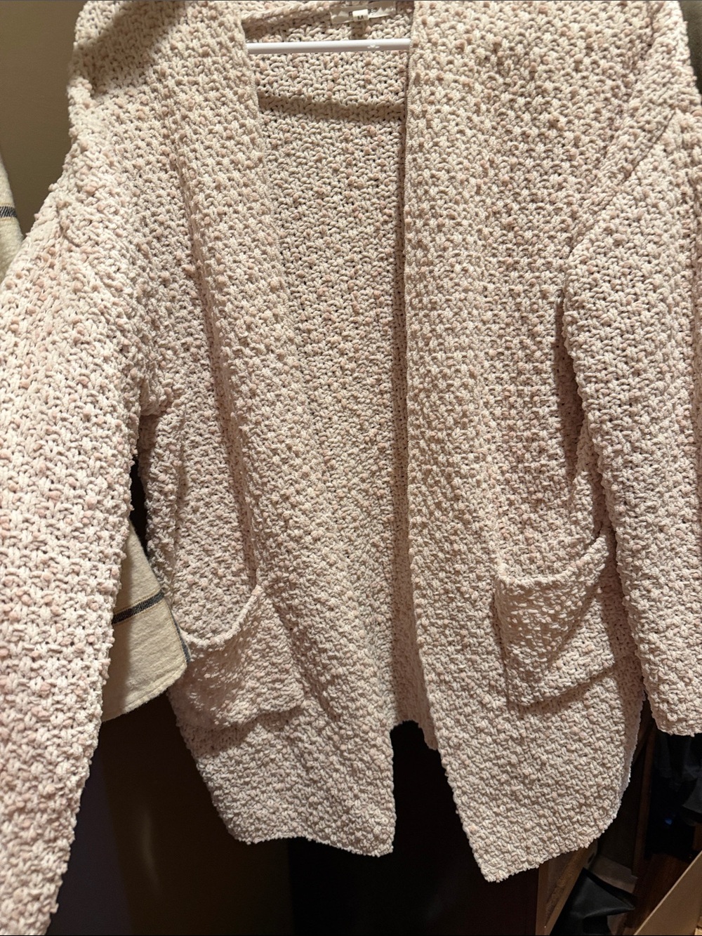 Cozy Open-Front Cream and pink Bouclé Sweater Cardigan